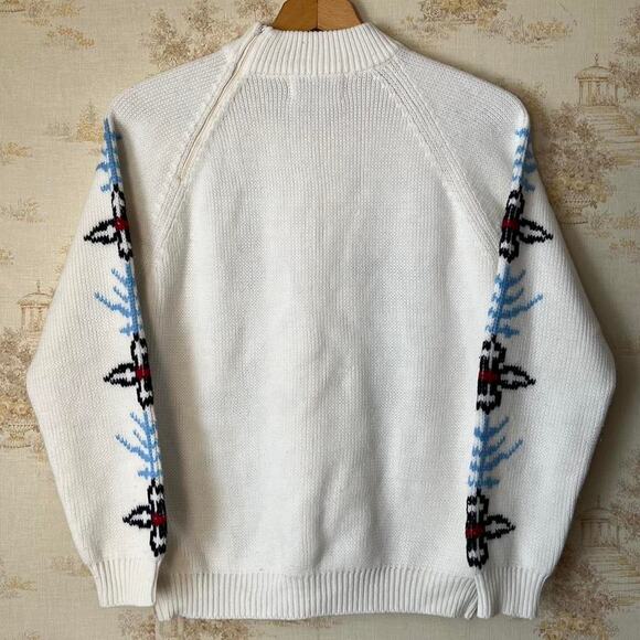 80s Acrylic Flower White Mockneck Nordic Knit Sweater Size L - Picture 4 of 7